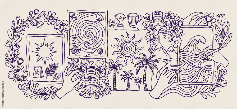 Fototapeta premium Hand drawn tropical beach palm tree, minimalist ocean resort and nature doodles, decorative island vacation and sea sketches, artistic travel adventure and beach icons, minimalist coastal and shore li