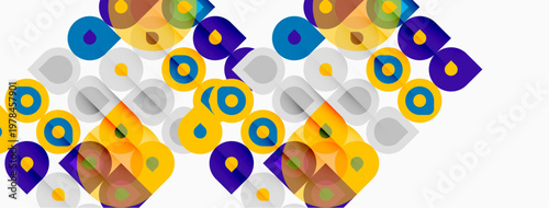 Abstract geometric shapes overlap, creating colorful pattern. Circles, squares, rectangles dominate composition. Bright hues contrast against white background.