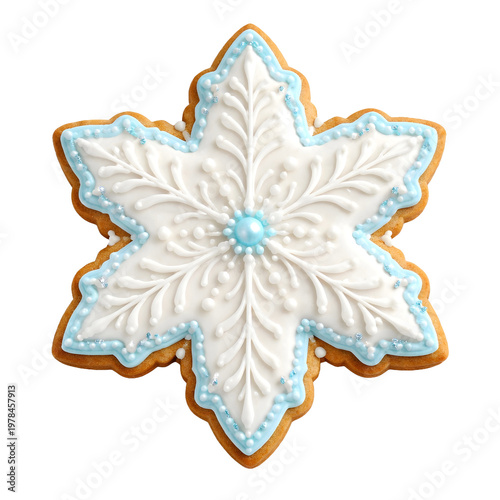 Elegant White Snowflake Cookie with Blue Icing Royal Iced Christmas Sugar Cookie Isolated