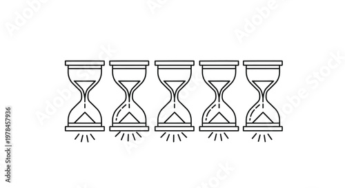 A simple line drawing depicts five identical hourglasses in a horizontal arrangement symbolizing time