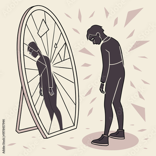 Sad man looking at broken mirror reflecting fragmented identity with reflection identity fragmented psychology depression perception shattered emotional struggle illustration solitude