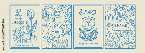 Hand drawn women's day floral greeting, minimalist 8 march celebration and flower doodles, decorative spring blossom and woman sketches, artistic female empowerment and nature icons, minimalist floral