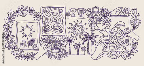 Hand drawn tropical beach palm tree, minimalist ocean resort and nature doodles, decorative island vacation and sea sketches, artistic travel adventure and beach icons, minimalist coastal and shore li