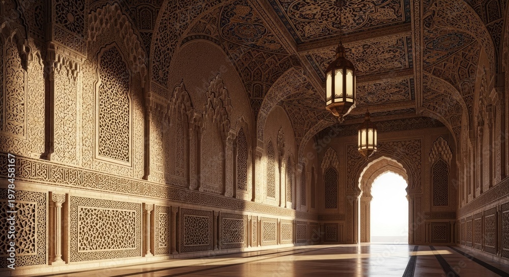 Obraz premium Ornate corridor interior with patterned walls and warm lighting