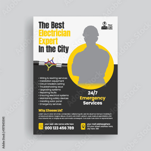 Electrician Service Poster A4 Template, Electrical Repair Service Flyer, Home Appliance Repair Maintenance Brochure Cover, Professional Technician Business Leaflet for Corporate and Residential