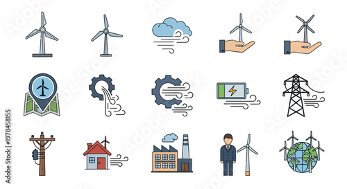 A collection of colorful flat icons representing wind energy, renewable power generation, electricity, and environmental sustainability.