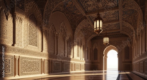 Ornate corridor interior with patterned walls and warm lighting