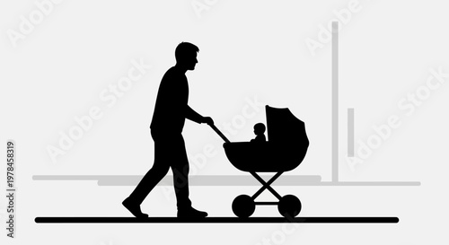 Father pushing baby stroller outside.