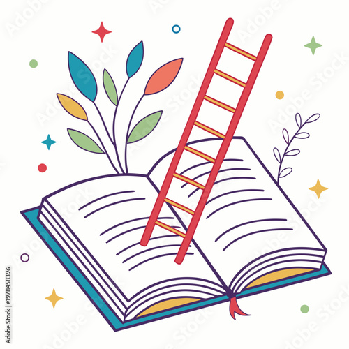 Modern flat vector illustration of ladder rising from open textbook surrounded by colorful plants and geometric stars representing higher learning.