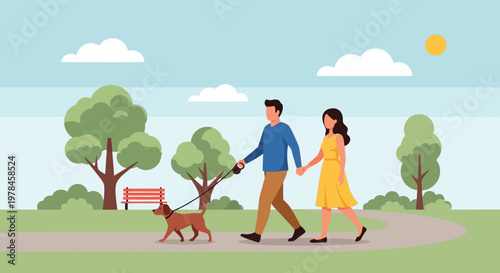 A couple holding hands and walking their dog on a sunny day in a green park with trees and a bench.