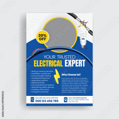 Professional Electrician Flyer Template A4, Electrical Repair Service Poster Design, Home Appliance Repair Maintenance Technician Brochure Cover, Leaflet brochure Layout for Residential and Commercial