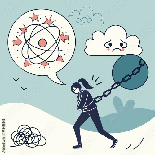 Woman dragging heavy ball and chain representing burden and mental health struggles with thought bubble struggle difficult challenge emotional psychology carrying dragging frustration