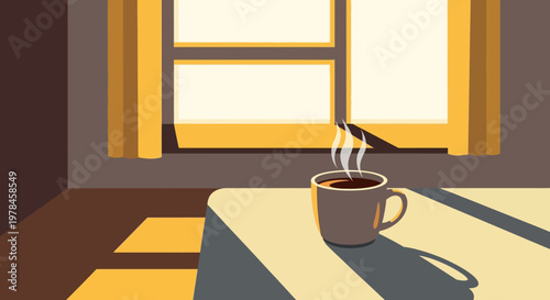 A minimalist illustration of a steaming coffee cup on a sunlit table by a window, creating a cozy morning atmosphere.