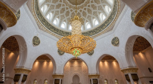 Ornate mosque interior featuring elaborate dome architecture and chandelier
