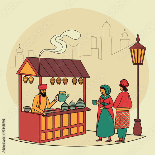 Traditional tea vendor serving customers at an evening street food stall with customers traditional beverage commerce business lifestyle hospitality atmospheric steaming community