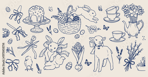 Hand drawn easter bunny spring holiday, minimalist seasonal rabbit and egg sketches, decorative spring garden and animal doodles, artistic holiday celebration and nature icons, minimalist floral bunny