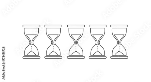 A simple linear arrangement of five black outline hourglasses representing time and measurement