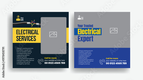 Electrical services social media post template professional work wiring rewiring installation circuit breakers troubleshooting repair promotional advertising promo, square flyer poster template design