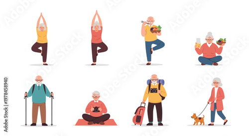Elderly people engaging in various activities for a healthy lifestyle
