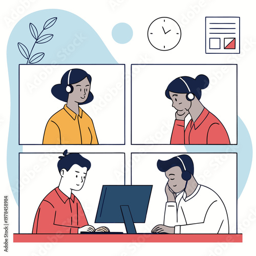 Team working remotely during online conference call with conference business colleagues communication technology internet collaboration professional connection computer software discussion