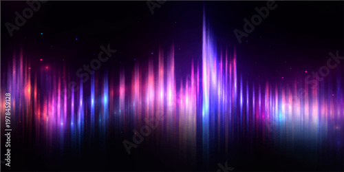 A vibrant digital illustration of a colorful aurora wave spectrum with bright glowing lines forming a technology equalizer pattern on a dark black backdrop