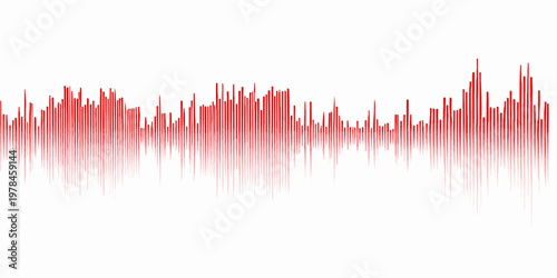 A vibrant red and blue digital equalizer waveform pulse glows against a dark city backdrop in this vector illustration of a modern audio frequency graph design
