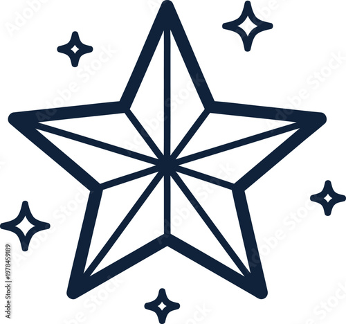 A stylized outline drawing of a five-pointed star with internal geometric lines, surrounded by smaller sparkling star shapes.