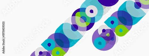 Abstract colorful circles overlap diagonally across white background. Modern design, vibrant hues create dynamic visual pattern.