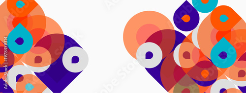 Abstract colorful circles overlap, creating dynamic visual pattern. Bright hues dominate white background. Modern design element.