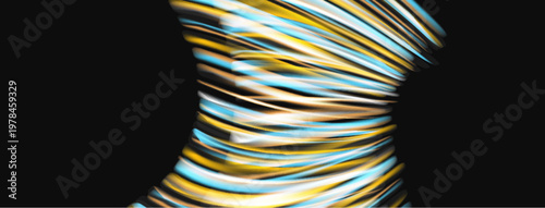 Abstract sculpture, vibrant colors, flowing lines. Dynamic form against dark background creates striking visual impact. Modern art.