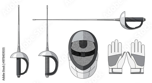 Fencing equipment illustration foil mask gloves and weaponry elements