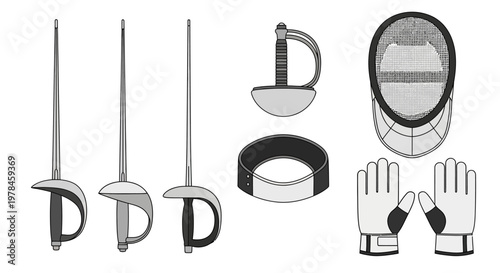 Fencing equipment illustration swords mask gloves and accessories
