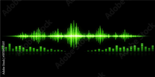 A digital equalizer illustration of a sound wave vector features a blue medical EKG pulse line monitoring a rhythmic heartbeat frequency for music and health technology