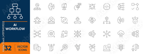 AI Workflow Icon Set. Containing Machine Learning, Digital Logic, Data Efficiency, Robotic Software and more. Editable vector Line icons collection.