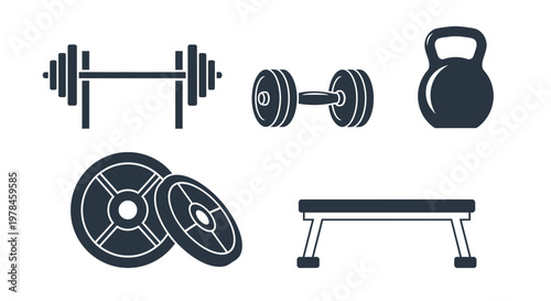 Gym equipment silhouettes barbell dumbbell kettlebell plates and bench