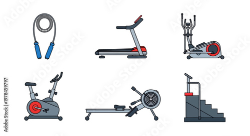 Gym equipment vector set treadmill elliptical and exercise machines