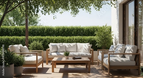 Outdoor patio furniture set under trees with greenery and sunlight in residential area