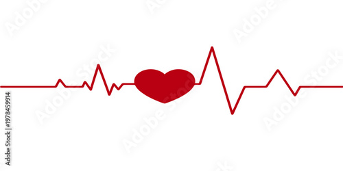 Professional medical vector illustration of a heart and heartbeat symbol showing a red cardiogram line on an EKG monitor for cardiology healthcare and pulse life care