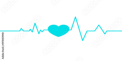 A medical illustration featuring a healthy heart rate pulse wave and cardiogram line forming a love heart shape on an ECG monitor trace for cardiology healthcare