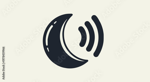 Crescent moon with sound waves, symbolizing nighttime sound or communication, graphic icon