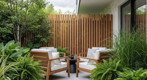 Outdoor patio with wooden furniture and lush green garden setting