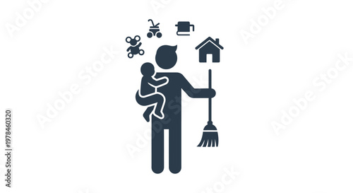 Father holding baby and broom stick.