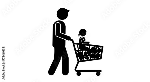 Man pushing shopping cart with child.
