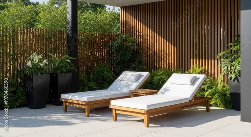 Outdoor relaxation scene with wooden chaise lounges and natural setting