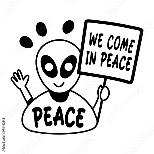 A glyph sticker of friendly alien with peace typography

