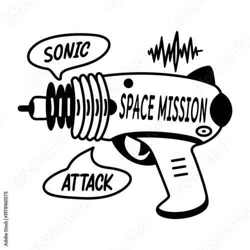 A glyph sticker of a ray gun with space mission typography 

