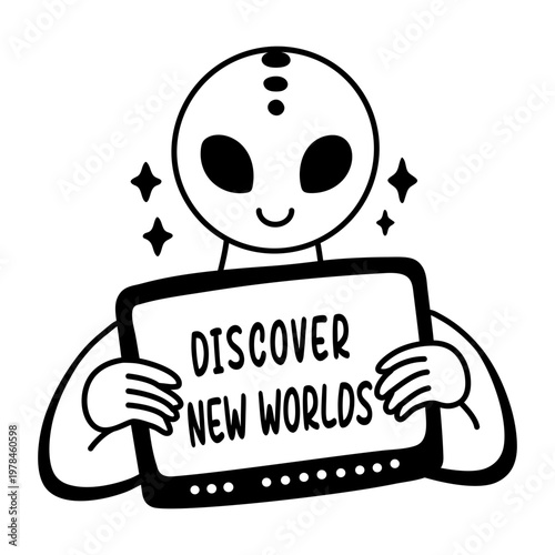 A glyph sticker of an alien with discover world lettering 

