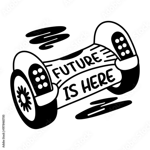 A glyph sticker of a hoverboard with future is here typography 

