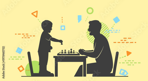 Man and boy playing chess game.