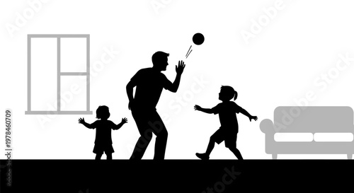 Silhouette of a man playing with kids.